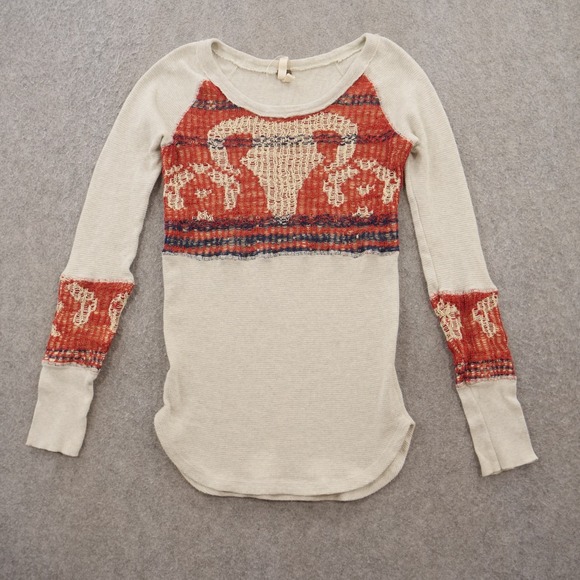 We The Free People Sweater Womens Small Beige Red Southwestern Bull Knit Pullove - Picture 1 of 15